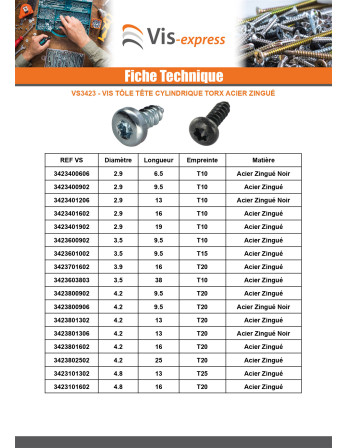 Vis tôle Tête cylindrique TC 4.2X13 TORX T20 Acier zingué noir