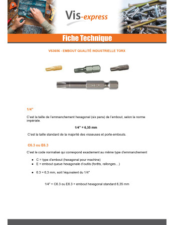 Embout Qualité industrielle 1/4" E6.3 TORX T25 Longueur 50