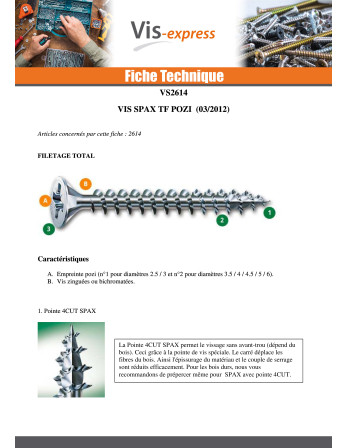 Vis Spax Tête fraisée Pozi N°2 4X45 Diamètre de tête: 7 Filetage total YELLOX