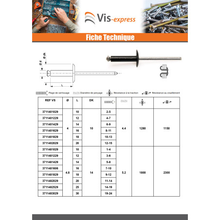 1 x Rivet aveugle éclate GOSTAR Aluminium Tige acier 4X25