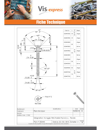 VBA Vis bois agglo Tête fraisée Pozi N°2 4.5X50 Percée Acier zingué