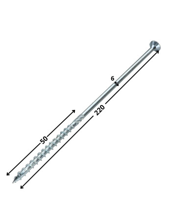 Vis charpente TEKOR Tête fraisée Cranté TORX T30 6X220 Filetée sur 100 Pointe antifendage type 17 Acier zingué