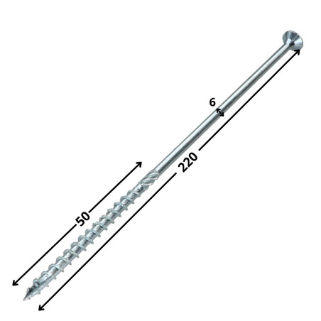 1 x Vis charpente TEKOR Tête fraisée Cranté TORX T30 6X220 Filetée sur 100 Pointe antifendage type 17 Acier zingué