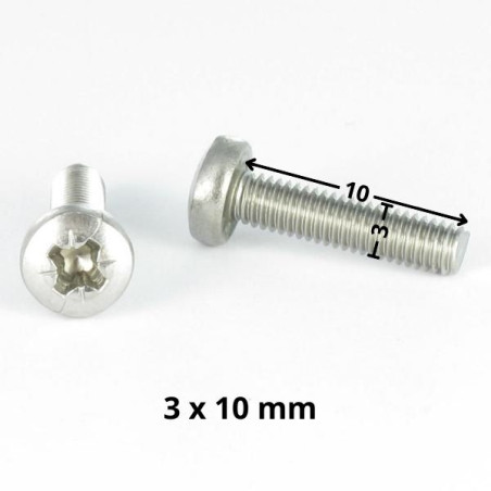 1 x Vis métaux tête cylindrique bombée large Pozi N°1 M3X10 Acier zingué microvis