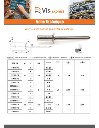 Rivet Etanche Etanche GOSTOP Aluminium Tige acier Tête fraisée 3.2X11