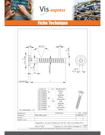 Vis d'assemblage confirmat Tête ronde large Hexagonal creux 7X70 Acier laitonne