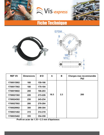Collier isophonique renforcé M8-M10 Diamètre 148A152 Acier zingué