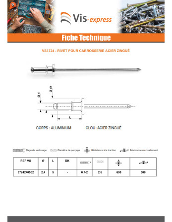 Rivet pour carrosserie Acier zingué 2.4X5 Epaisseur de serrage 0.7 à 2