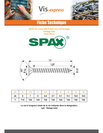 Spax Vis bois Tête fraisée TORX T20 5X30 Filetage total WIROX