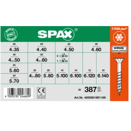1 x Assortiment de 364 Vis bois Tête fraisée T-STAR WIROX + 3 Embout