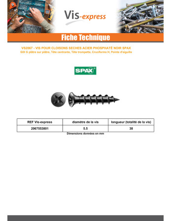 Vis pour plaque de plâtre Spax 5.5X38 Acier phosphate GIX-G