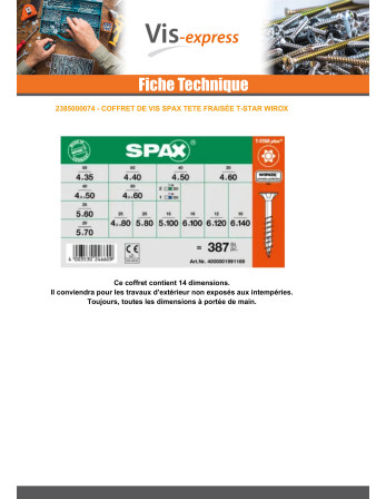 Assortiment de 364 Vis bois Tête fraisée T-STAR WIROX + 3 Embout