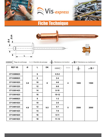 Rivet Tête Ronde Standard cuivre tige acier 4.8X14 Epaisseur de serrage 7 à 9
