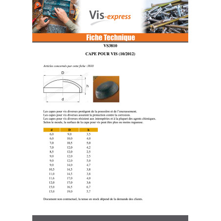 1 x Cache vis Tête cylindrique bombée TCB Vis tôle DE4.8 Polyéthylène RAL1014