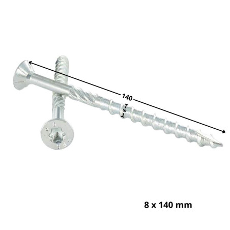 1 x Vis charpente TEKOR Tête fraisée Cranté TORX T40 8X140 Filetée sur 70 Pointe antifendage type 17 Acier zingué