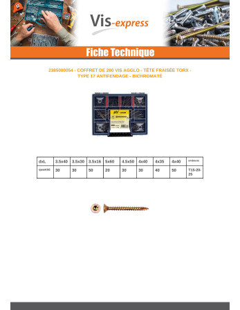Assortiment de 280 VBA Vis bois agglo Tête fraisée TORX Pointe antifendage type 17 Bichromaté