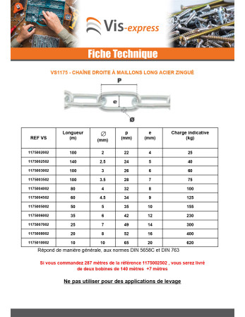 M Chaîne Droite à maillons longs 6MM (vendu au m) Acier zingué