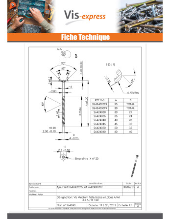 Vis Médium Tête fraisée Cranté TORX T20 4X40 Filetée sur 28 Acier zingué