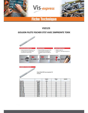 Goujon fileté Fischer STST TORX T25 Acier zingué 8X60