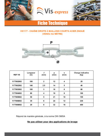 M Chaîne Droite MAILLON CRT 3MM Acier zingué (vendu au m) Forte tenue à la corrosion Acier galvanisé à chaud