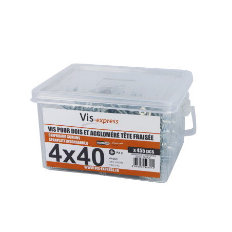 1 x Seau de 455 Vis bois agglo 4X40 Tête fraisée Pozi N°2 Acier zingué
