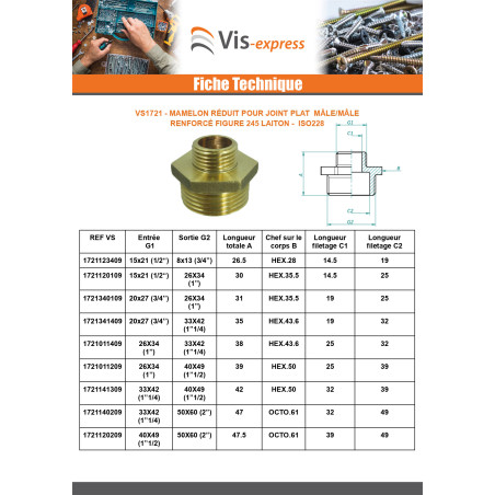 1 x Mamelon réduit Figure 245 pour joint plat Mâle / Mâle renforcé 26x34 (1") X 40x49 (1"1/2) Laiton