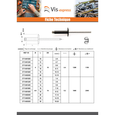 1 x Rivet aveugle éclate GOSTAR Aluminium Tige acier Tête large 4X16 RAL9002 blan gris