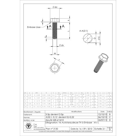 1 x Vis autotaraudeuse Tête hexagonale TH Embase collerette Lisse M4X20 Acier zingué