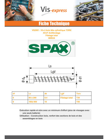 Spax Vis bois Tête cylindrique TC TORX T40 8X180 Filetage total 4CUT WIROX