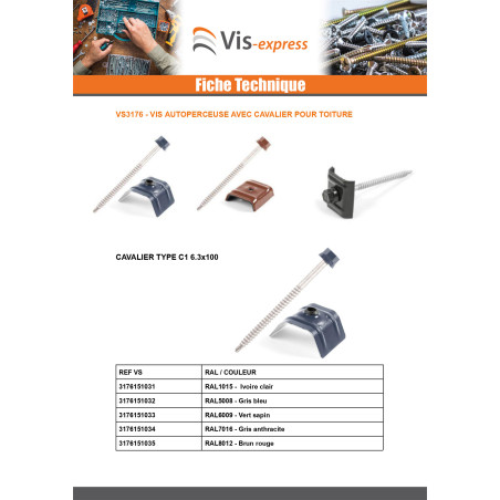 1 x Vis autoperceuse avec cavalier pour toiture 2 pièces Type C1 RAL7016 gris anthracite 6.3X100