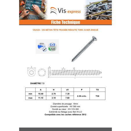 1 x Vis Béton Tête fraisée Réduite 7.5X212 TORX T30 Acier zingué