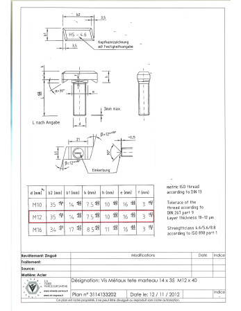 Vis métaux Tête marteau M12X40 14X35 Acier zingué