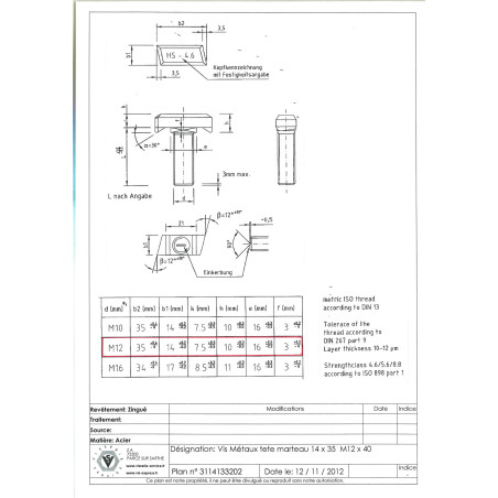 1 x Vis métaux Tête marteau M12X40 14X35 Acier zingué