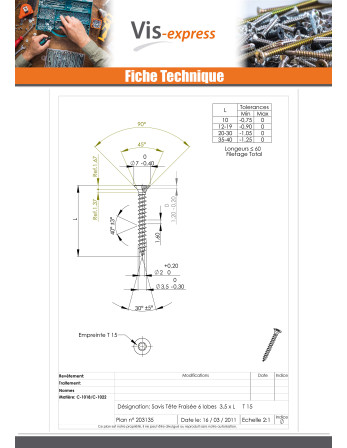 VBA Vis bois agglo Tête fraisée TORX T10 3.5X40 Filetée sur 30 Acier zingué