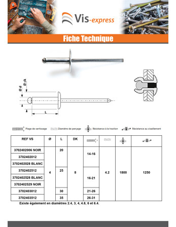 Rivet aveugle Aluminium Tige acier 4X10 Epaisseur de serrage 4 à 6 Tête Ronde Standard RAL9005 noir foncé
