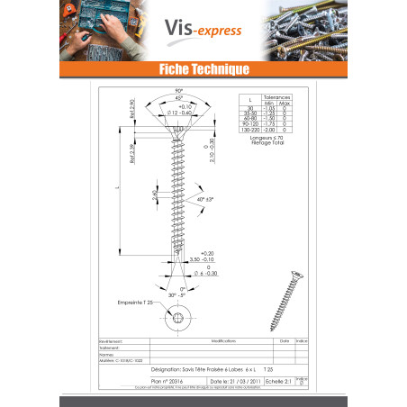 1 x VBA Vis bois agglo Tête fraisée TORX T30 6X130 Filetée sur 70 Acier zingué