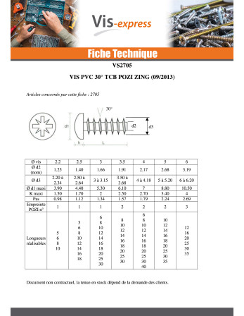 Vis pvc Tête cylindrique bombée TCB Pozi N°2 4X60 Filetée sur 20 Filet 30DEGRES Acier zingué