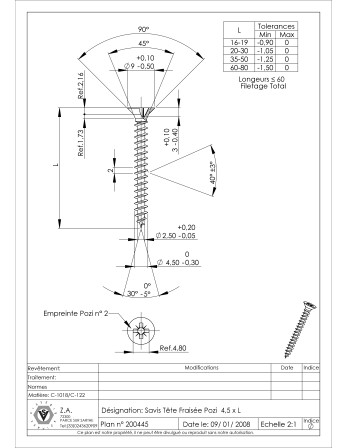VBA Vis bois agglo Tête fraisée Pozi N°2 4.5X23 Filetage total Acier zingué