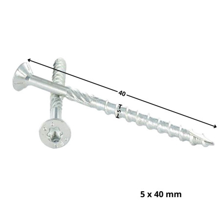 1 x Vis charpente TEKOR Tête fraisée Cranté TORX T25 5X40 Filetée sur 22 Pointe antifendage type 17 Acier zingué