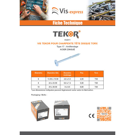 1 x Vis bois TEKOR Tête disque TORX T40 Pointe antifendage type 17 8X240 Filetage partiel Acier zingué
