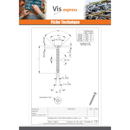 1 x VBA Vis bois agglo Tête fraisée TORX T25 5X70 Filetée sur 42 Acier zingué