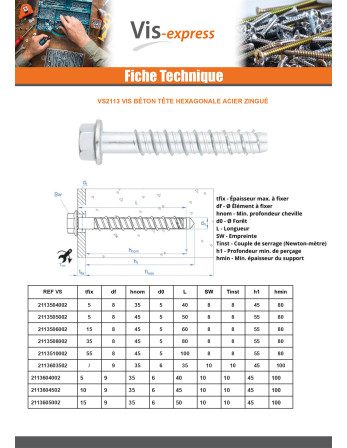 Vis béton Tête hexagonale TH Embase collerette TORX T15 10X100 Acier zingué