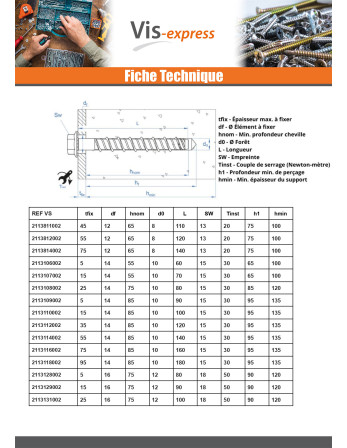 Vis béton Tête hexagonale TH Embase collerette TORX T15 10X100 Acier zingué