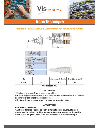 Cheville Nylon AUTOFOREUSE PLAQUE PLATRE 13X32