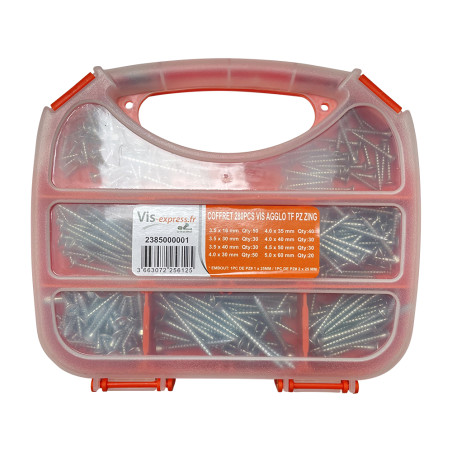 1 x Assortiment de 280 VBA Vis bois agglo Tête fraisée Pozi Acier zingué Embout
