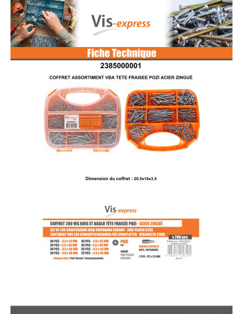 Assortiment de 280 VBA Vis bois agglo Tête fraisée Pozi Acier zingué Embout
