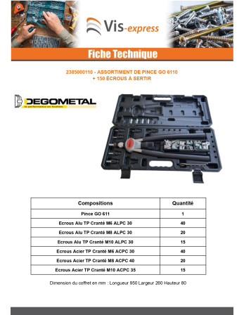 Assortiment de PINCE GO611 + 150 Ecrou à sertir DEGOMETAL