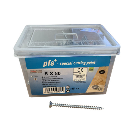 1 x Seau de 140 Vis bois agglo 5X80 Tête fraisée TORX T25 Pointe antifendage type 17 Acier zingué