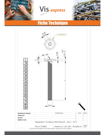 Vis métaux tête plate Clé de 4 HC4 M6X35 Frein filet Acier laitonne