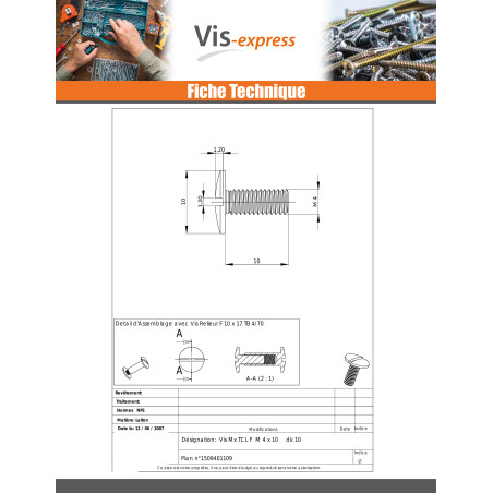1 x Vis métaux Laiton Tête cylindrique large TCL Fendue Diamètre de tête: 10 M4X10